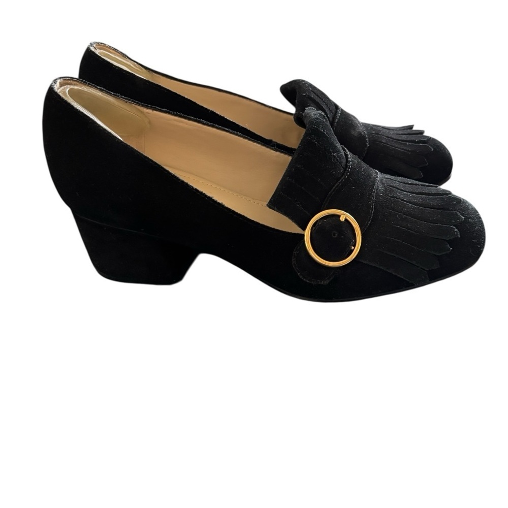 Marc Fisher Mabel Fringe Block 1.5 Heel Loafers 6.5M Gold Buckle Suede Leather